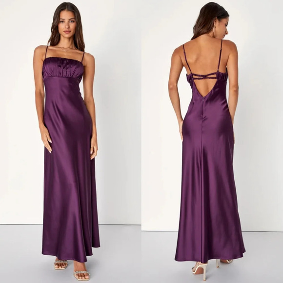 Lulus Romantic Excellence Plum Purple Satin Backless Maxi Dress L Wedding Party - Picture 1 of 10